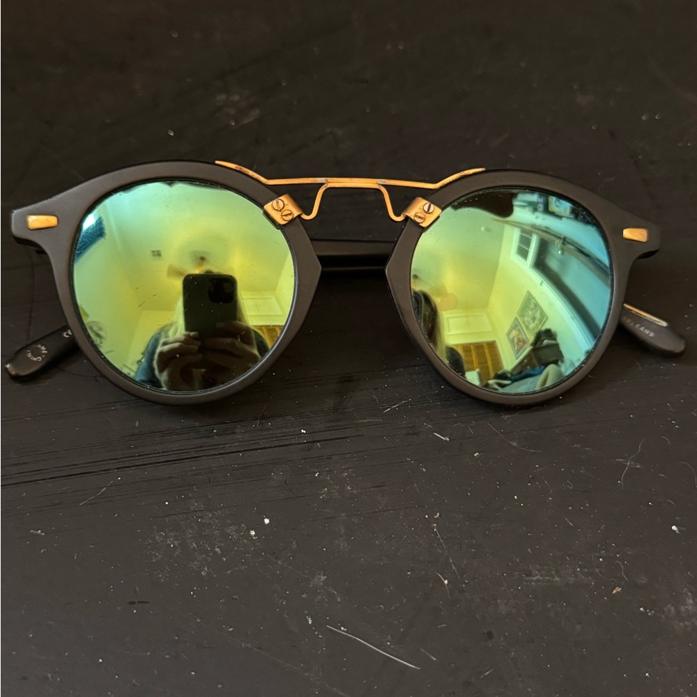 KREWE Black Frame Sunglasses with Green-Gold Mirrored Lenses